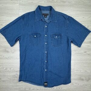 Real Ranch Mens Shirt XL Blue Denim Short Sleeve Pearl Snap Western Yoke Cowboy